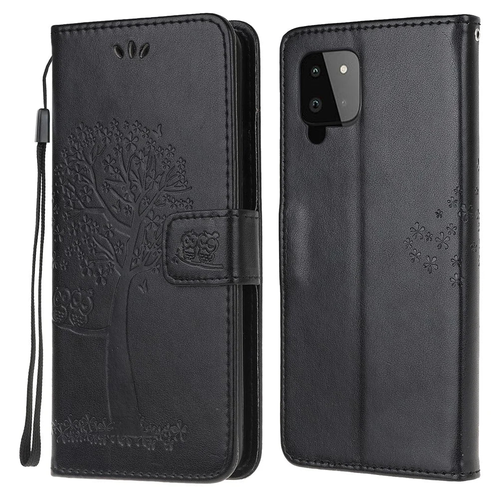 Owl Tree Pattern Imprinted Wallet Stand Leather Cover for Samsung Galaxy A22 4G (EU Version) - Black - 1