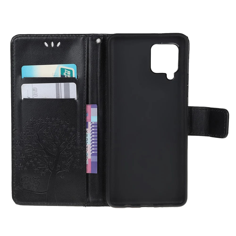 Owl Tree Pattern Imprinted Wallet Stand Leather Cover for Samsung Galaxy A22 4G (EU Version) - Black - 5