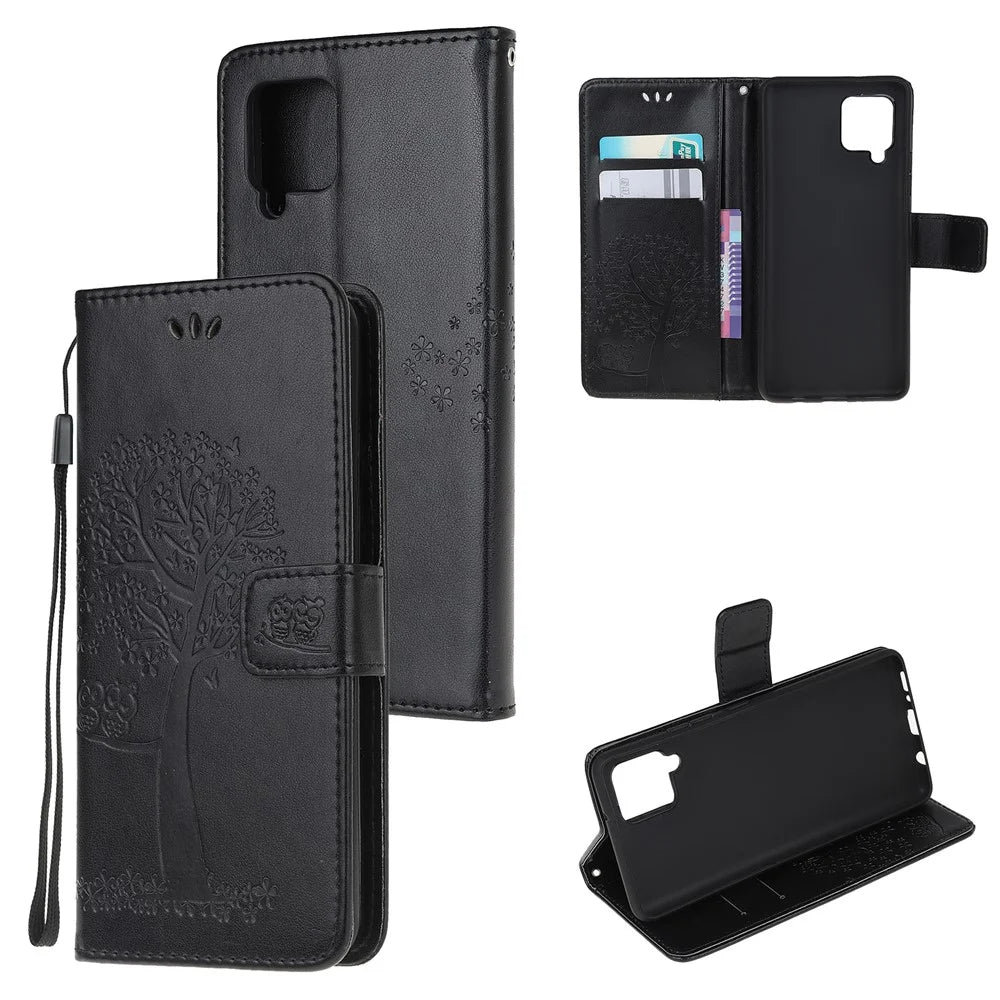 Owl Tree Pattern Imprinted Wallet Stand Leather Cover for Samsung Galaxy A22 4G (EU Version) - Black - 6