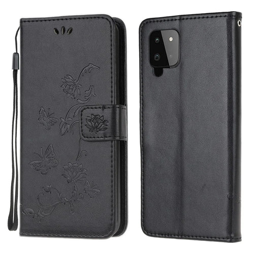 Imprint Butterfly Flower Wallet Stand Leather Mobile Phone Case for Samsung Galaxy A22 4G (EU Version) - Black - 1