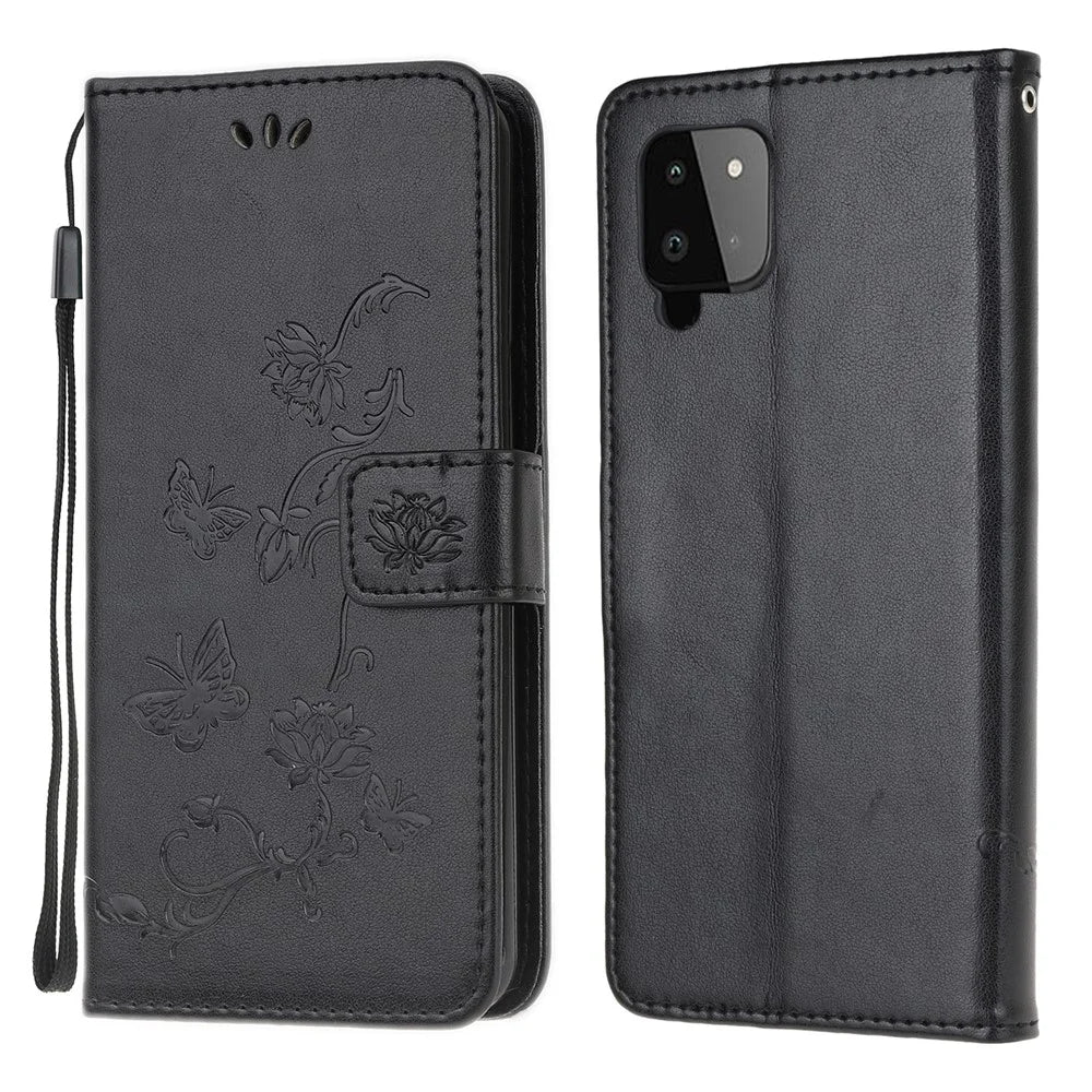 Imprint Butterfly Flower Wallet Stand Leather Mobile Phone Case for Samsung Galaxy A22 4G (EU Version) - Black - 1