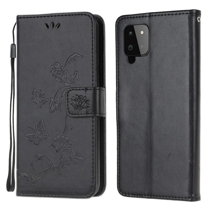 Imprint Butterfly Flower Wallet Stand Leather Mobile Phone Case for Samsung Galaxy A22 4G (EU Version) - Black - 1