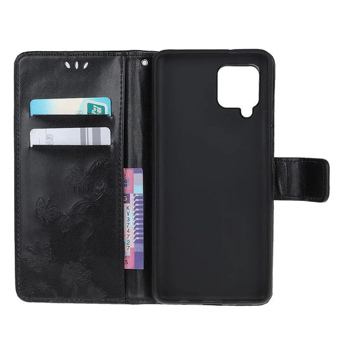 Imprint Butterfly Flower Wallet Stand Leather Mobile Phone Case for Samsung Galaxy A22 4G (EU Version) - Black - 5