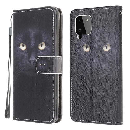 Wallet Design Cross Texture New Pattern Printing Leather Stand Case for Samsung Galaxy A22 4G (EU Version) - Cat Eyes - 1