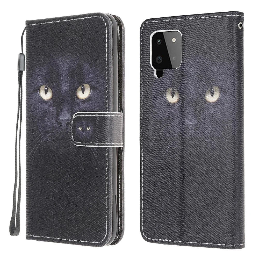 Wallet Design Cross Texture New Pattern Printing Leather Stand Case for Samsung Galaxy A22 4G (EU Version) - Cat Eyes - 1