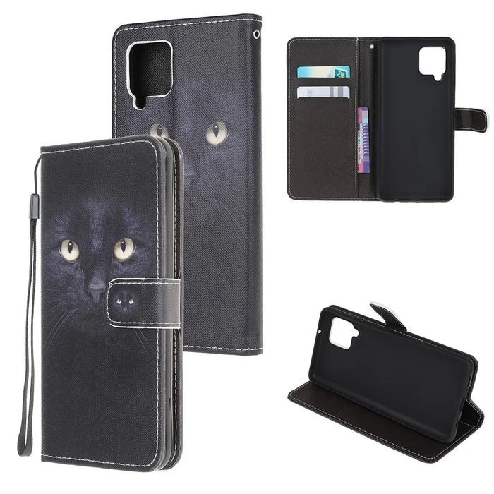Wallet Design Cross Texture New Pattern Printing Leather Stand Case for Samsung Galaxy A22 4G (EU Version) - Cat Eyes - 7