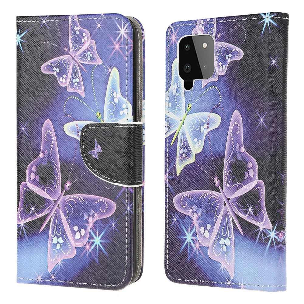 Wallet Design Pattern Printing Cross Texture Leather Stand Case for Samsung Galaxy A22 4G (EU Version) - Sparkle Butterfly - 1