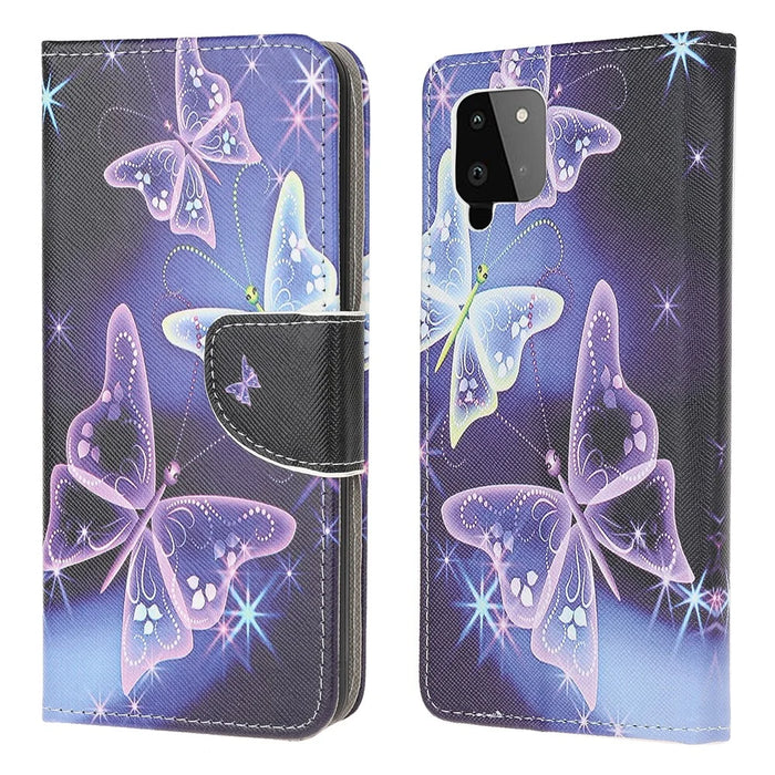 Wallet Design Pattern Printing Cross Texture Leather Stand Case for Samsung Galaxy A22 4G (EU Version) - Sparkle Butterfly - 1