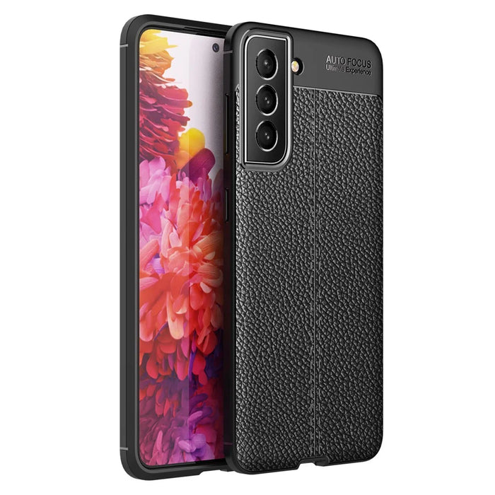 Flexible TPU Litchi Texture Cell Phone Back Case Cover for Samsung Galaxy S21 FE - Black - 1