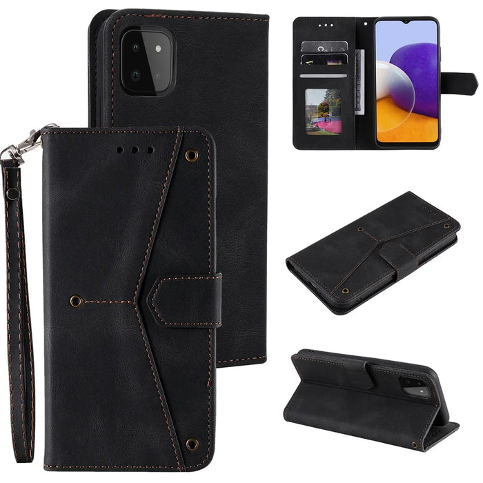 Splicing Stitching Skin-touch PU Leather Case Stand Protector Cover for Samsung Galaxy A22 5G (EU Version) - Black - 7