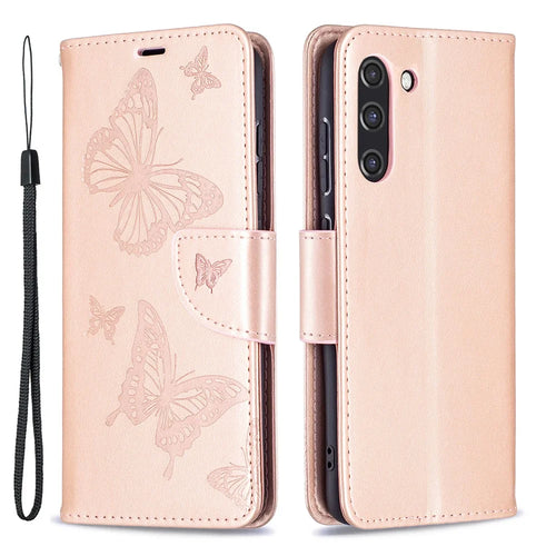 Imprint Butterfly Wallet Leather Stand Case for Samsung Galaxy S21 FE 5G - Rose Gold - 1