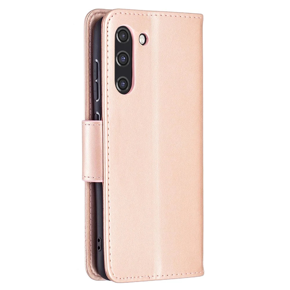 Imprint Butterfly Wallet Leather Stand Case for Samsung Galaxy S21 FE 5G - Rose Gold - 3
