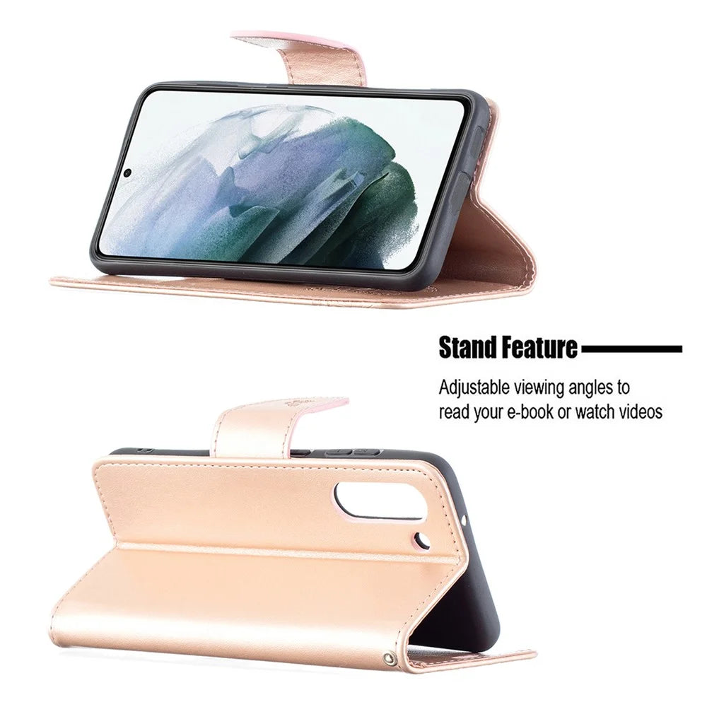 Imprint Butterfly Wallet Leather Stand Case for Samsung Galaxy S21 FE 5G - Rose Gold - 4