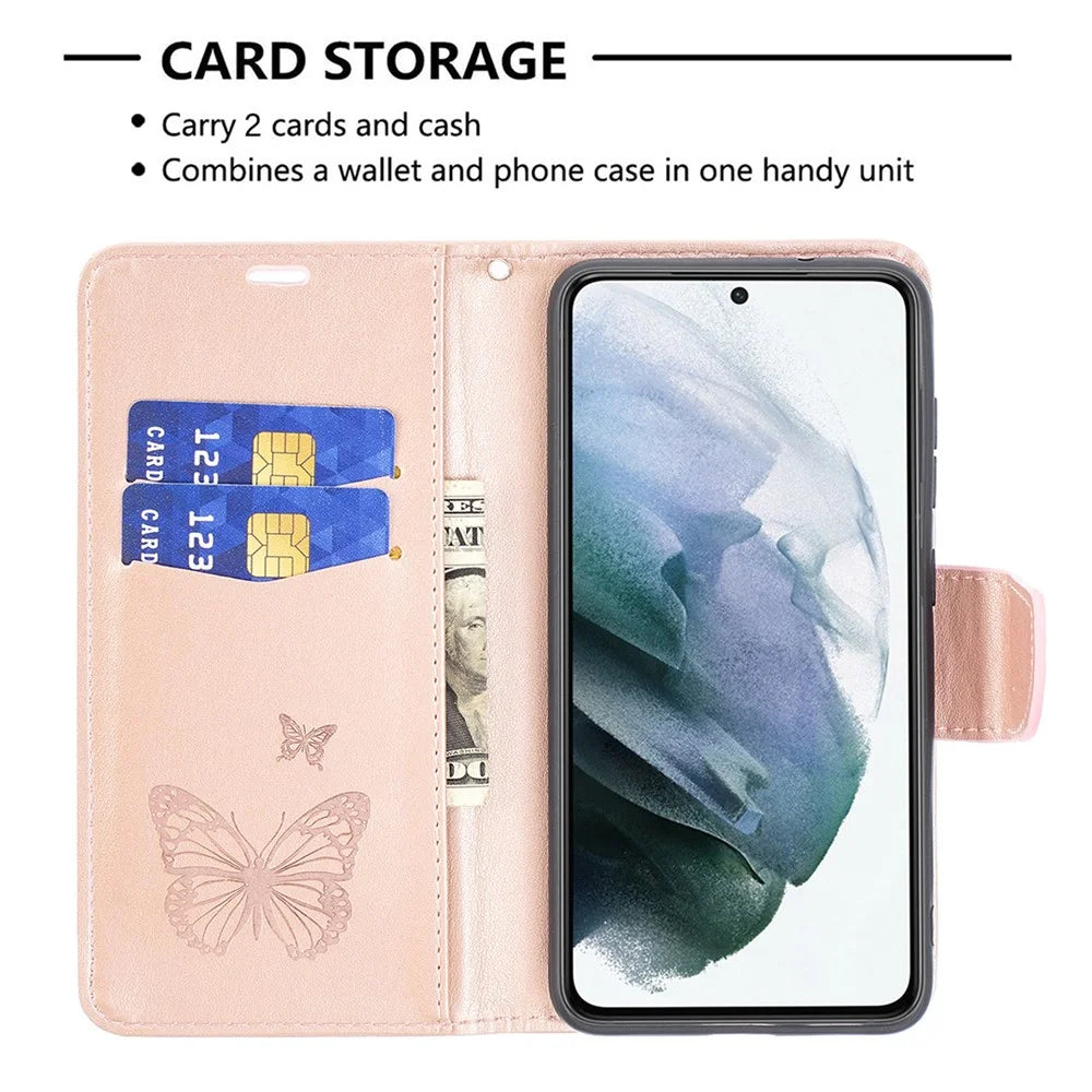 Imprint Butterfly Wallet Leather Stand Case for Samsung Galaxy S21 FE 5G - Rose Gold - 5