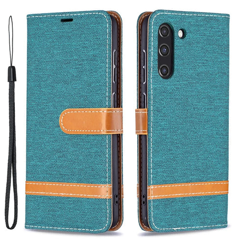 Splicing Jeans Cloth Surface Leather Phone Cover Wallet Stand Case for Samsung Galaxy S21 FE 5G - Green - 1