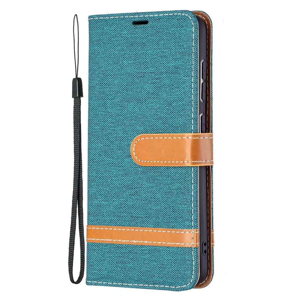Splicing Jeans Cloth Surface Leather Phone Cover Wallet Stand Case for Samsung Galaxy S21 FE 5G - Green - 2