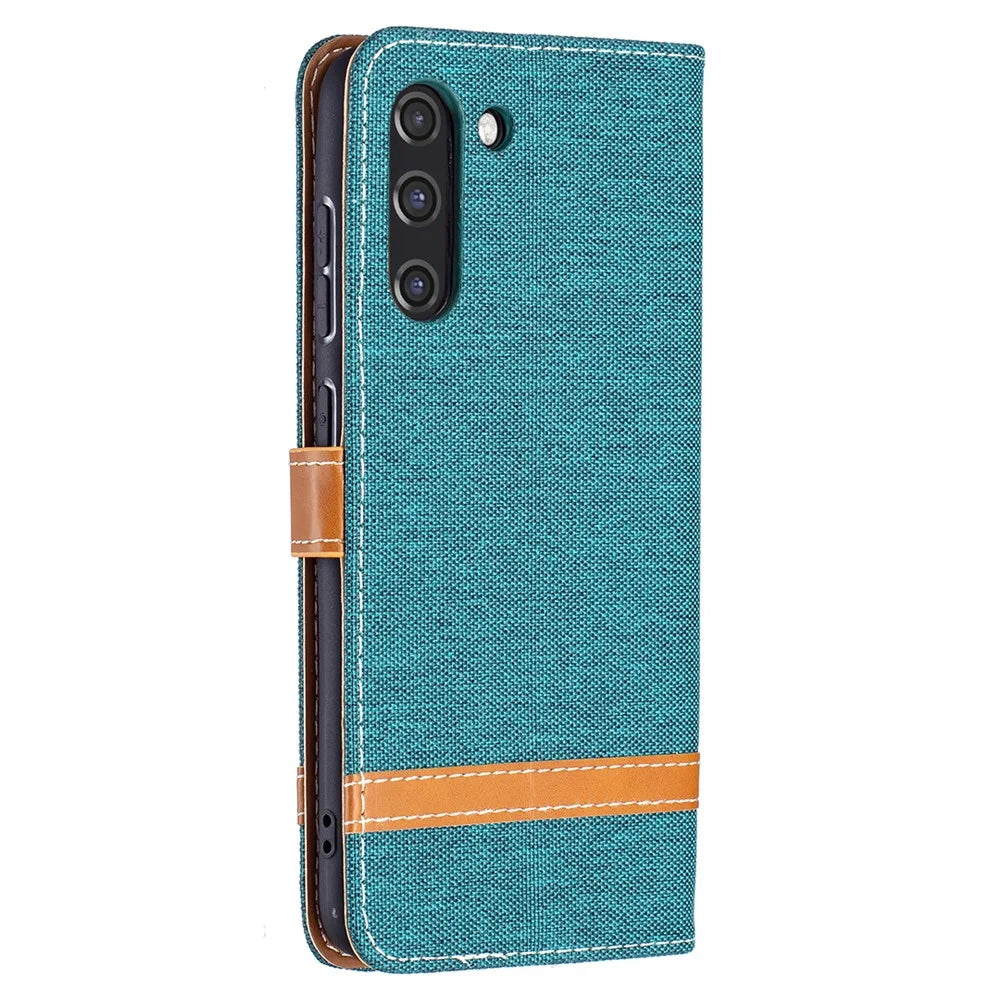 Splicing Jeans Cloth Surface Leather Phone Cover Wallet Stand Case for Samsung Galaxy S21 FE 5G - Green - 3