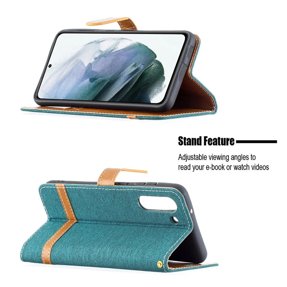Splicing Jeans Cloth Surface Leather Phone Cover Wallet Stand Case for Samsung Galaxy S21 FE 5G - Green - 4