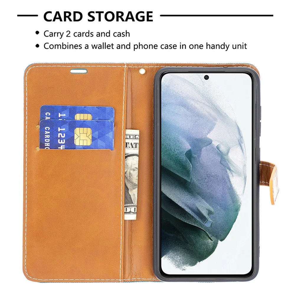 Splicing Jeans Cloth Surface Leather Phone Cover Wallet Stand Case for Samsung Galaxy S21 FE 5G - Green - 5