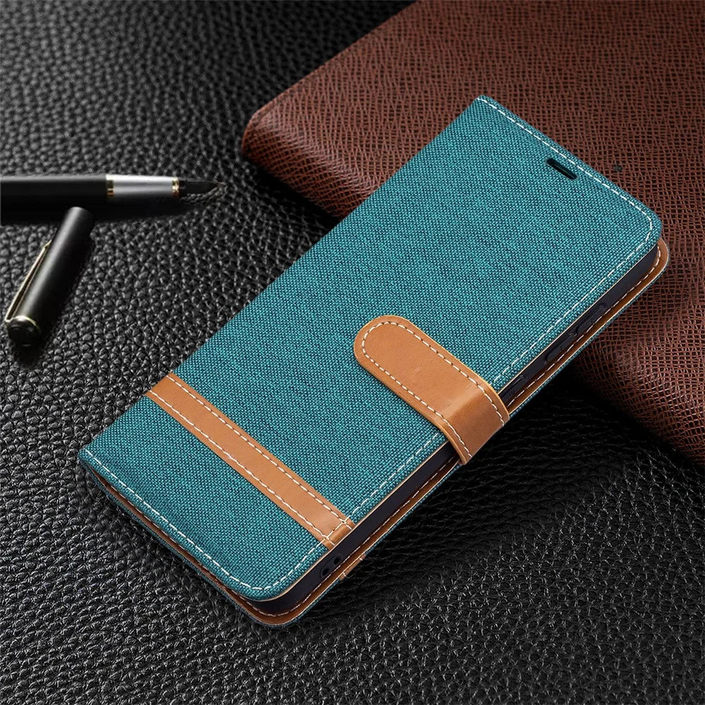 Splicing Jeans Cloth Surface Leather Phone Cover Wallet Stand Case for Samsung Galaxy S21 FE 5G - Green - 6