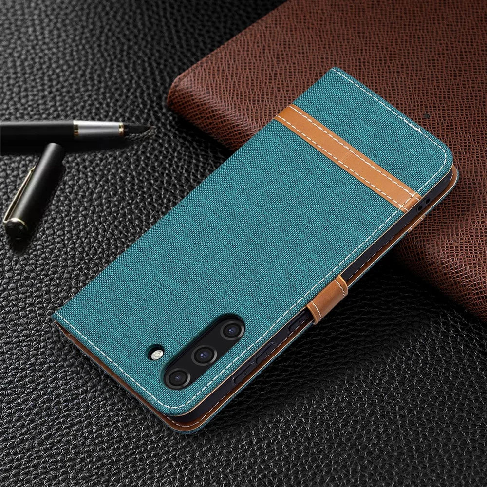 Splicing Jeans Cloth Surface Leather Phone Cover Wallet Stand Case for Samsung Galaxy S21 FE 5G - Green - 7