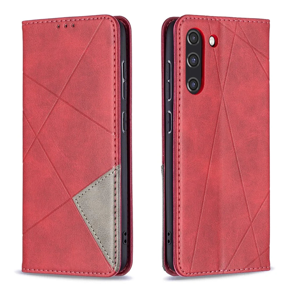 Geometric Pattern Leather Phone Case Shell Card Holder Stand for Samsung Galaxy S21 FE 5G - Red - 1