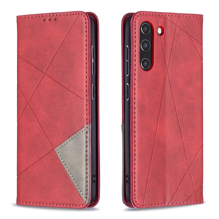 Geometric Pattern Leather Phone Case Shell Card Holder Stand for Samsung Galaxy S21 FE 5G - Red - 1