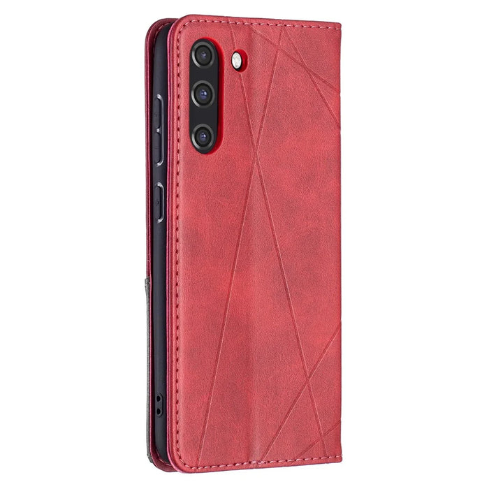Geometric Pattern Leather Phone Case Shell Card Holder Stand for Samsung Galaxy S21 FE 5G - Red - 3