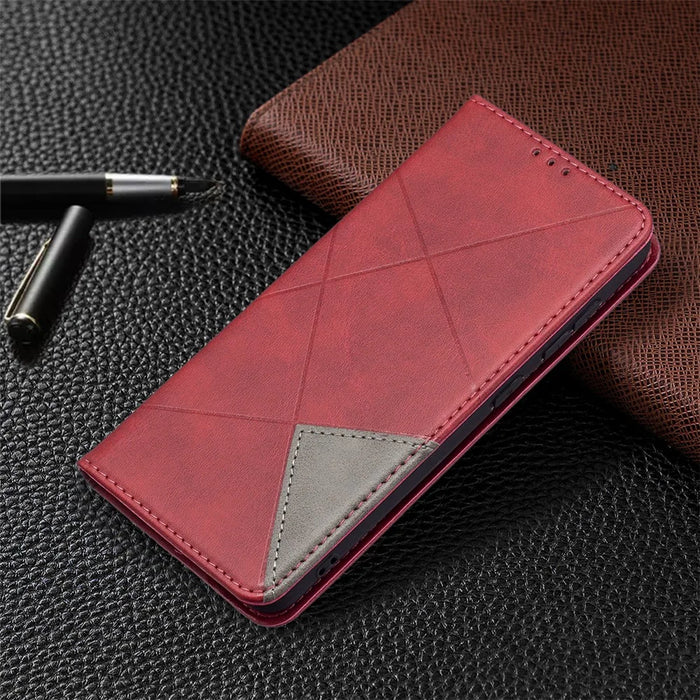 Geometric Pattern Leather Phone Case Shell Card Holder Stand for Samsung Galaxy S21 FE 5G - Red - 7