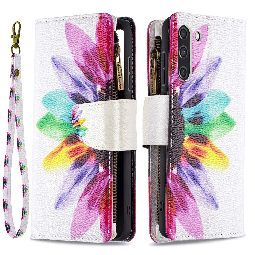 BF03 Zippered Wallet Leather Stand Phone Cover with Vivid Pattern Printing for Samsung Galaxy S21 FE 5G - Colorful Flower - 1