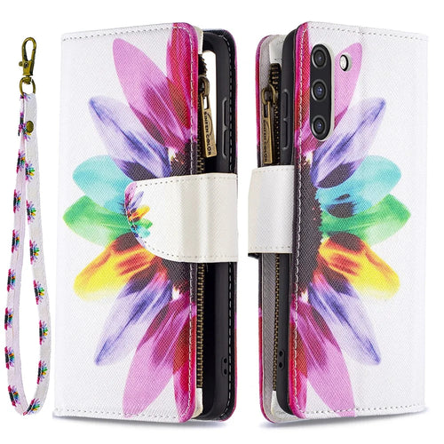 BF03 Zippered Wallet Leather Stand Phone Cover with Vivid Pattern Printing for Samsung Galaxy S21 FE 5G - Colorful Flower - 1