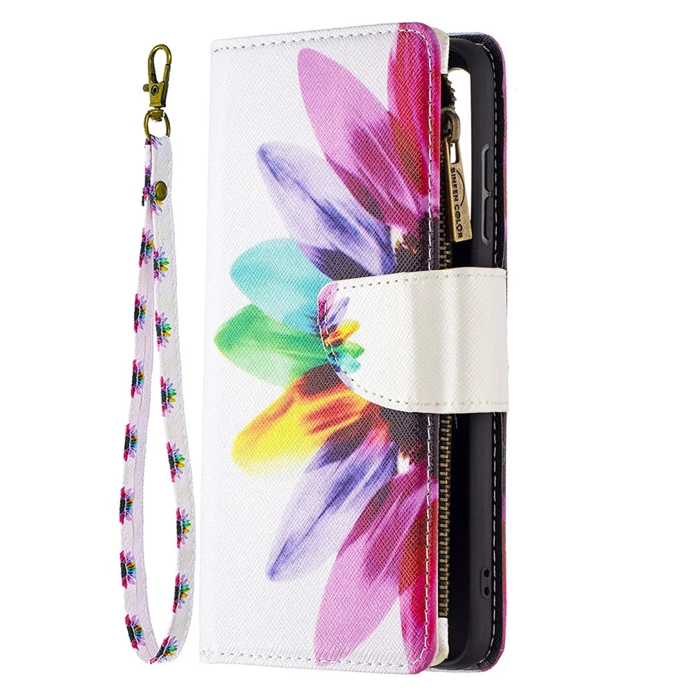 BF03 Zippered Wallet Leather Stand Phone Cover with Vivid Pattern Printing for Samsung Galaxy S21 FE 5G - Colorful Flower - 2