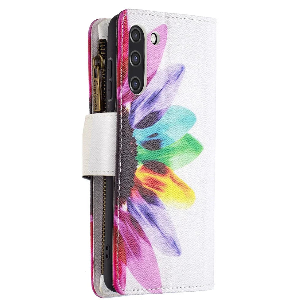 BF03 Zippered Wallet Leather Stand Phone Cover with Vivid Pattern Printing for Samsung Galaxy S21 FE 5G - Colorful Flower - 3