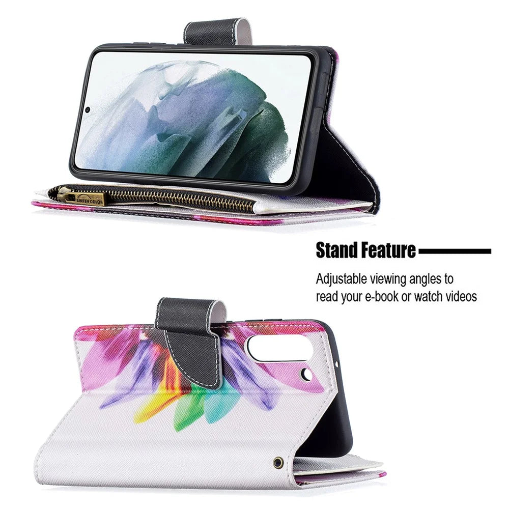 BF03 Zippered Wallet Leather Stand Phone Cover with Vivid Pattern Printing for Samsung Galaxy S21 FE 5G - Colorful Flower - 4