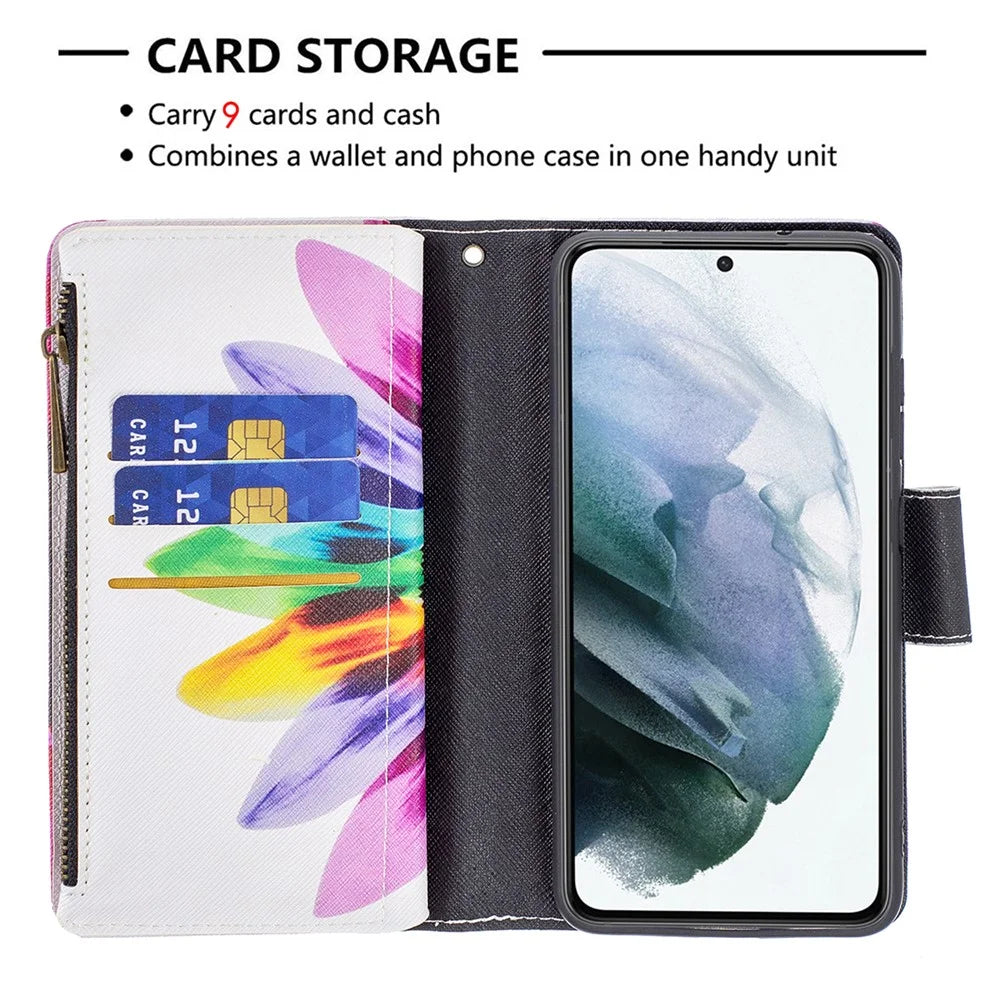 BF03 Zippered Wallet Leather Stand Phone Cover with Vivid Pattern Printing for Samsung Galaxy S21 FE 5G - Colorful Flower - 5