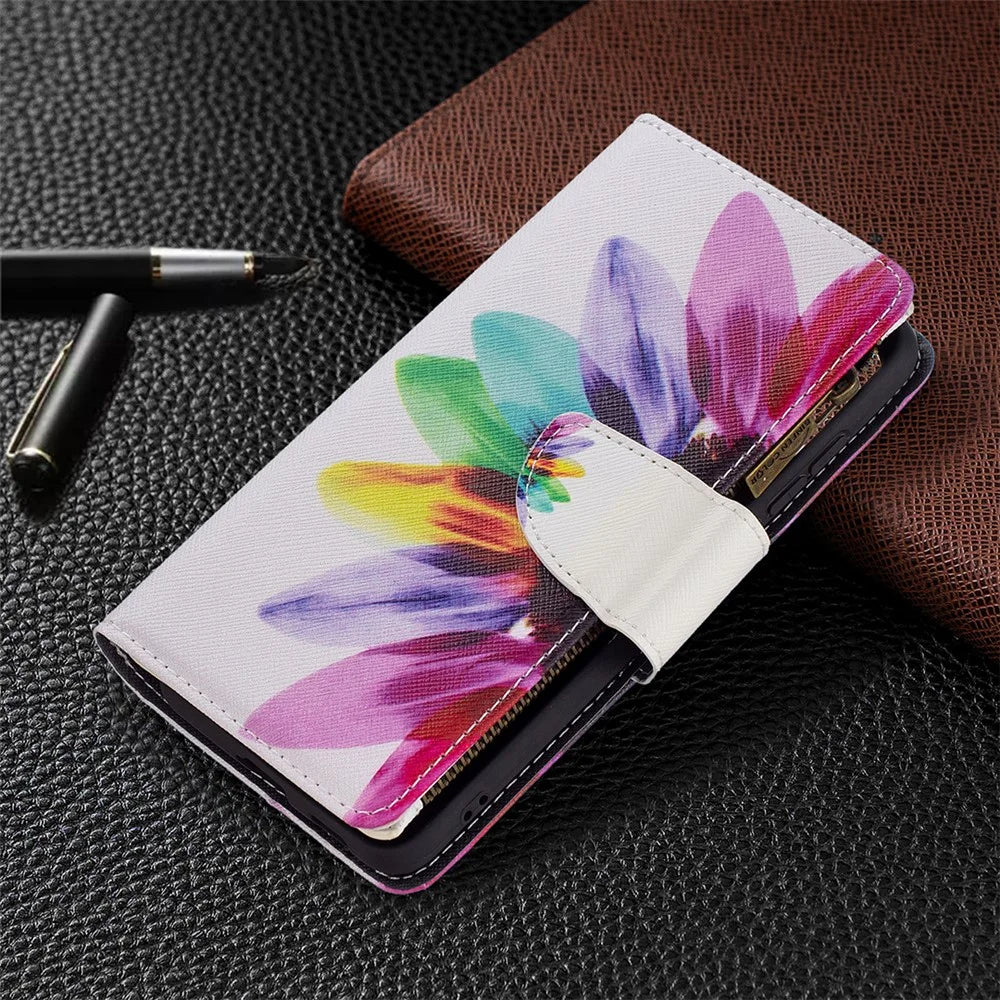 BF03 Zippered Wallet Leather Stand Phone Cover with Vivid Pattern Printing for Samsung Galaxy S21 FE 5G - Colorful Flower - 6