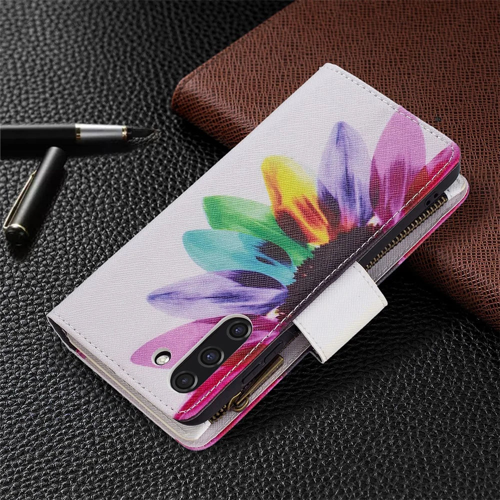 BF03 Zippered Wallet Leather Stand Phone Cover with Vivid Pattern Printing for Samsung Galaxy S21 FE 5G - Colorful Flower - 7