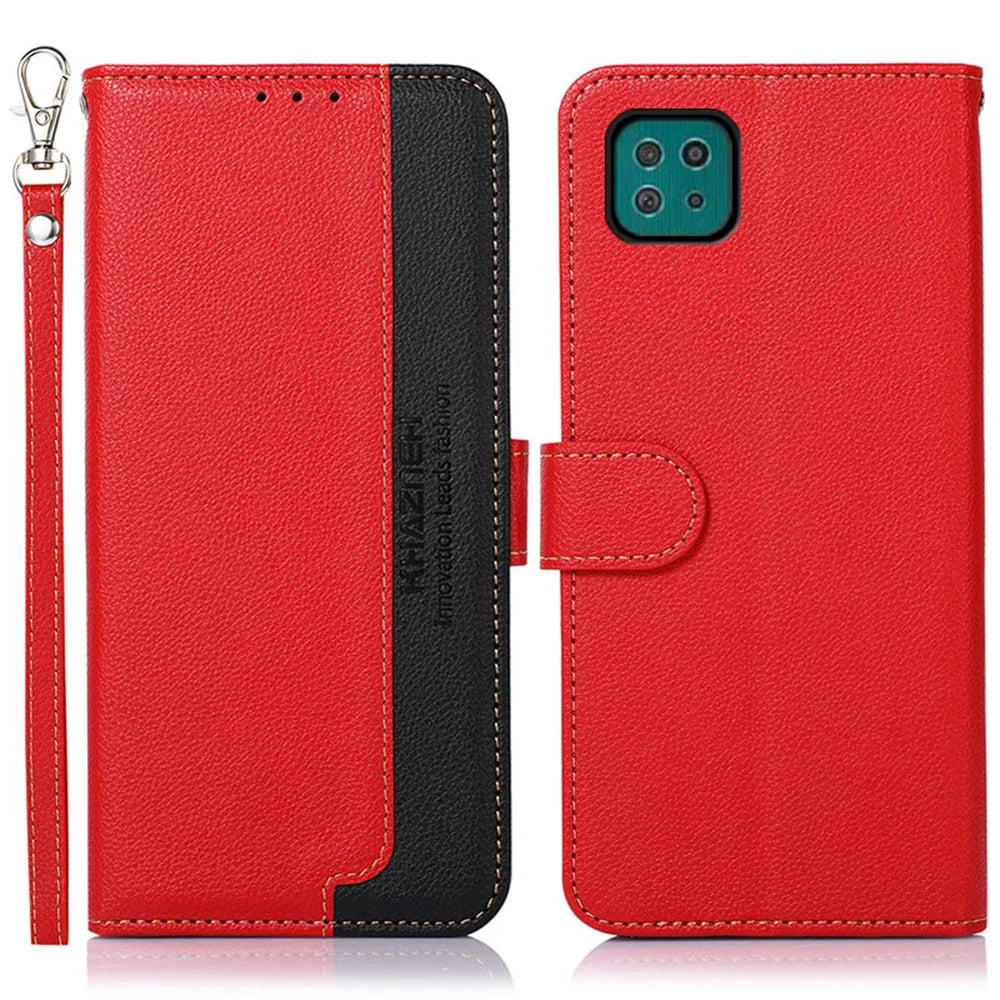 KHAZNEH Litchi Skin Leather Phone Shell Wallet Stand Design Case with RFID Blocking Anti-theft Swiping Design for Samsung Galaxy A22 5G (EU Version) - Red - 1