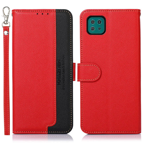 KHAZNEH Litchi Skin Leather Phone Shell Wallet Stand Design Case with RFID Blocking Anti-theft Swiping Design for Samsung Galaxy A22 5G (EU Version) - Red - 1