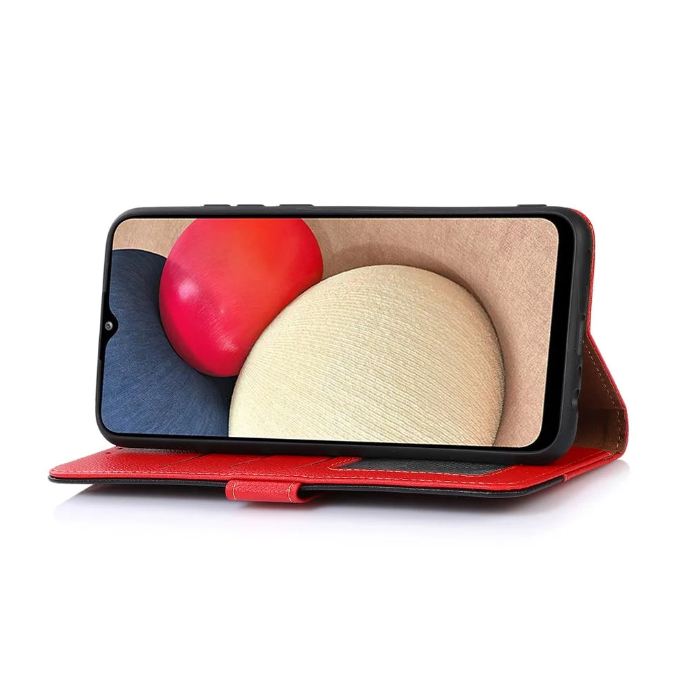 KHAZNEH Litchi Skin Leather Phone Shell Wallet Stand Design Case with RFID Blocking Anti-theft Swiping Design for Samsung Galaxy A22 5G (EU Version) - Red - 2