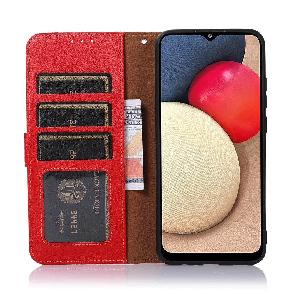 KHAZNEH Litchi Skin Leather Phone Shell Wallet Stand Design Case with RFID Blocking Anti-theft Swiping Design for Samsung Galaxy A22 5G (EU Version) - Red - 3