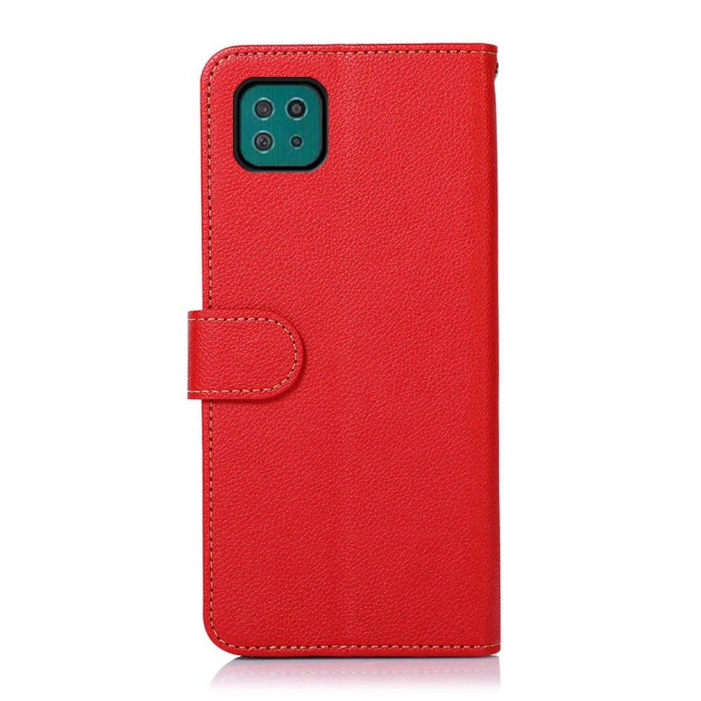 KHAZNEH Litchi Skin Leather Phone Shell Wallet Stand Design Case with RFID Blocking Anti-theft Swiping Design for Samsung Galaxy A22 5G (EU Version) - Red - 5