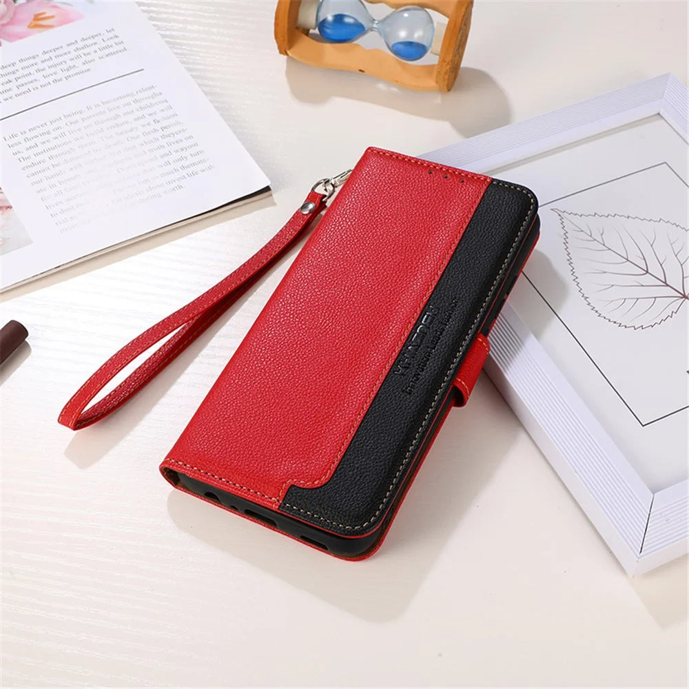 KHAZNEH Litchi Skin Leather Phone Shell Wallet Stand Design Case with RFID Blocking Anti-theft Swiping Design for Samsung Galaxy A22 5G (EU Version) - Red - 6
