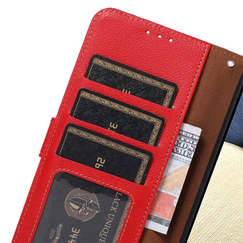 KHAZNEH Litchi Skin Leather Phone Shell Wallet Stand Design Case with RFID Blocking Anti-theft Swiping Design for Samsung Galaxy A22 5G (EU Version) - Red - 7