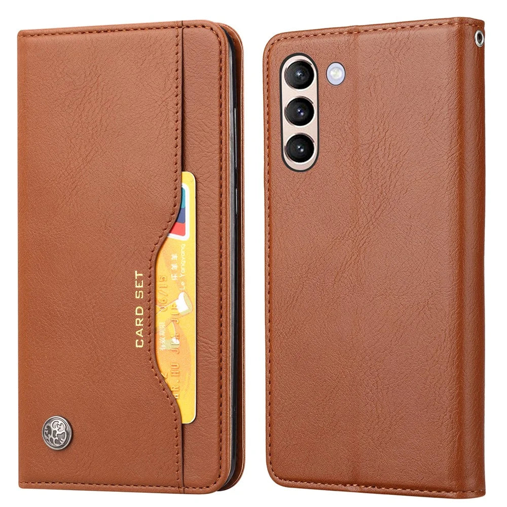 Wallet Stand Auto-absorbed Leather Protector Phone Cover for Samsung Galaxy S21 FE - Brown - 1