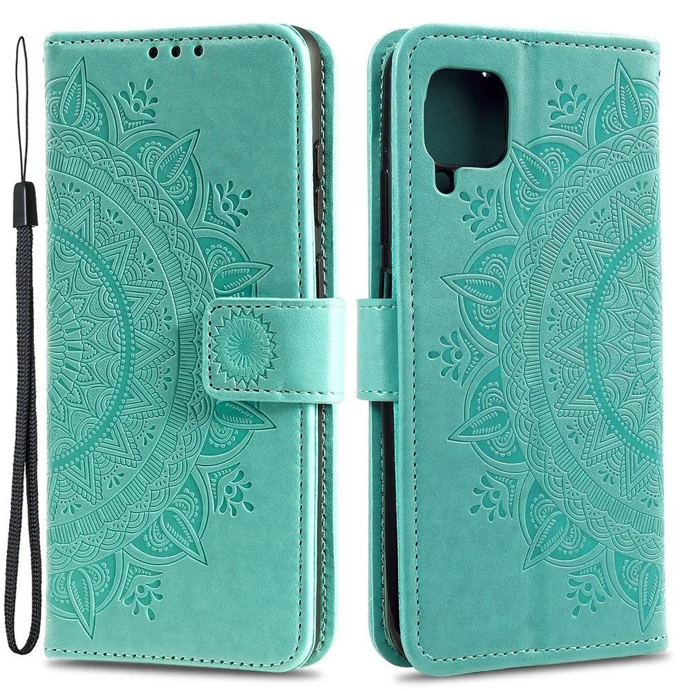 Imprinted Mandala Flower Wallet Leather Case for Samsung Galaxy A22 4G (EU Version) - Green - 1