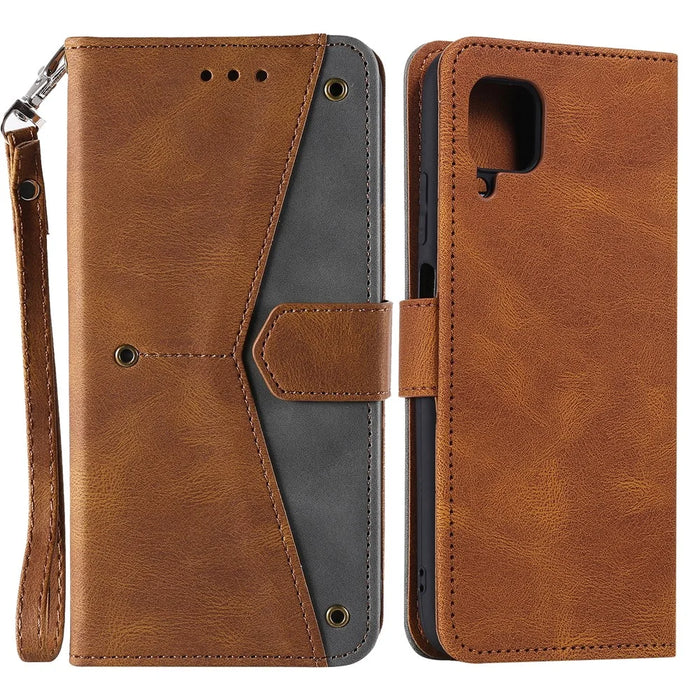 Splicing Stitching Skin-touch PU Leather Case Stand Protector Cover for Samsung Galaxy A22 4G (EU Version) - Brown - 1