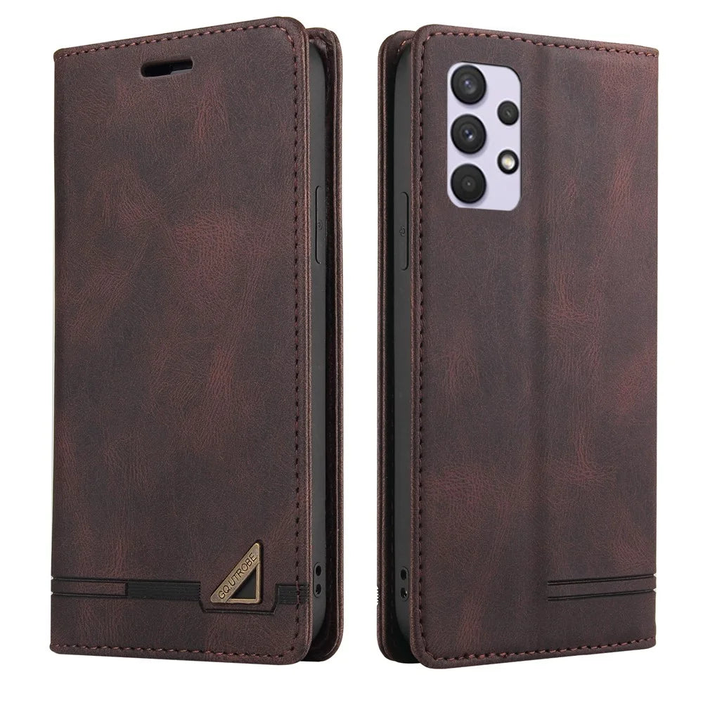GQ.UTROBE Auto- absorbed Quality Leather Phone Shell Case with Anti-theft Swiping Design for Samsung Galaxy A32 4G - Coffee - 1