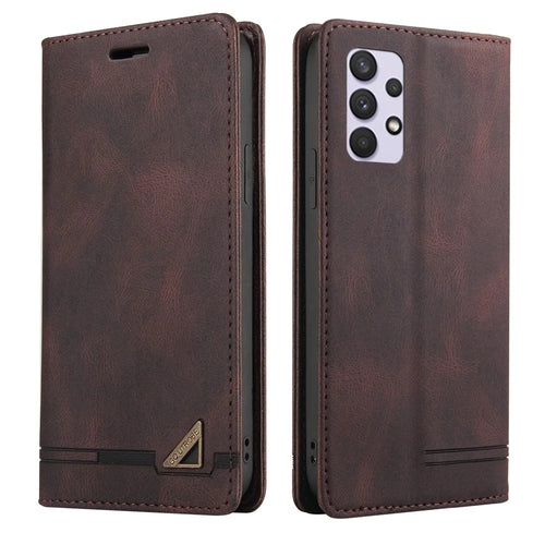 GQ.UTROBE Auto- absorbed Quality Leather Phone Shell Case with Anti-theft Swiping Design for Samsung Galaxy A32 4G - Coffee - 1