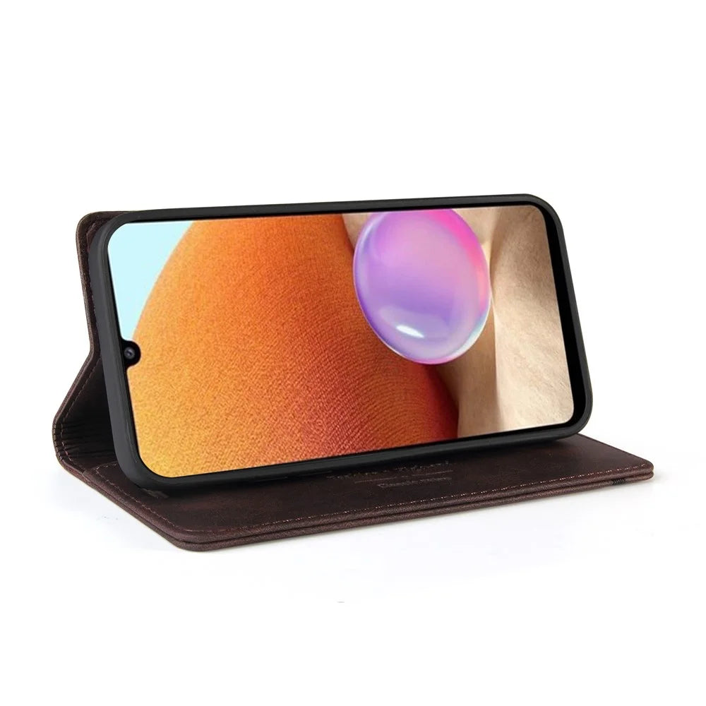 GQ.UTROBE Auto- absorbed Quality Leather Phone Shell Case with Anti-theft Swiping Design for Samsung Galaxy A32 4G - Coffee - 2
